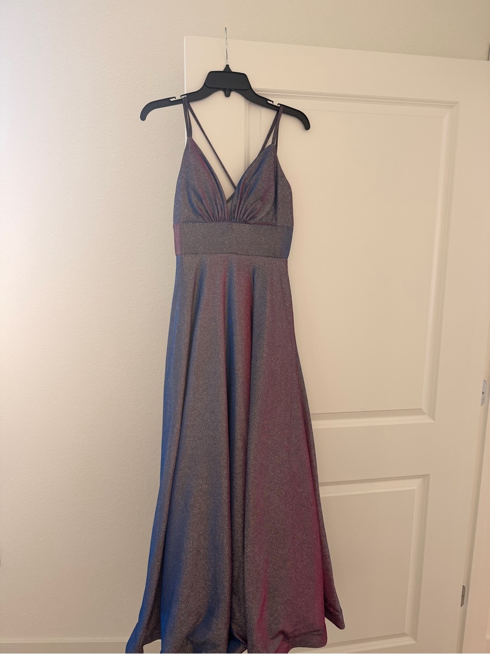 May Queen Shimmering Iridescent Blue-Purple V-Neck Prom Dress